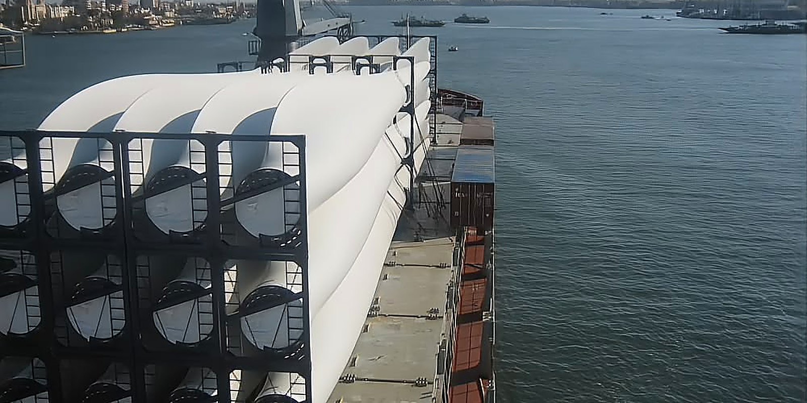 Wind turbine blades loaded on deck for delivery